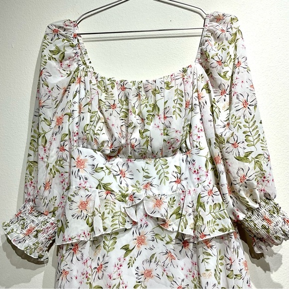 EXLURA Womens Floral Ruffle Sun Dress Sundress Tiered Square Neck Long Sleeve M. - Picture 4 of 10